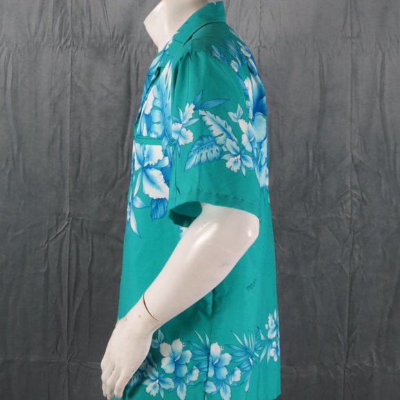 Vintage Hawaiian Shirt - Large Floral Pattern on Teal Base - Men's Large - Picture 5 of 8